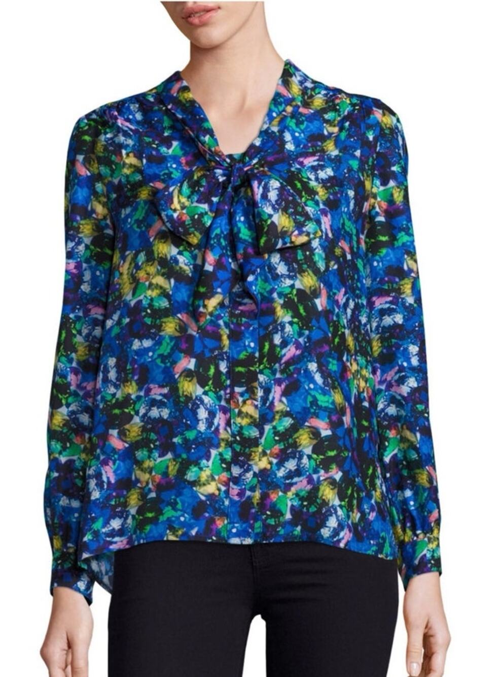 Milly Silk Blouse Size 6 Blue Abstract Tie Neck Academia Preppy Country Club